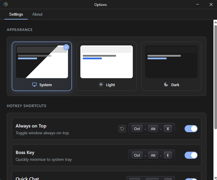 Gemini Desktop Settings Interface